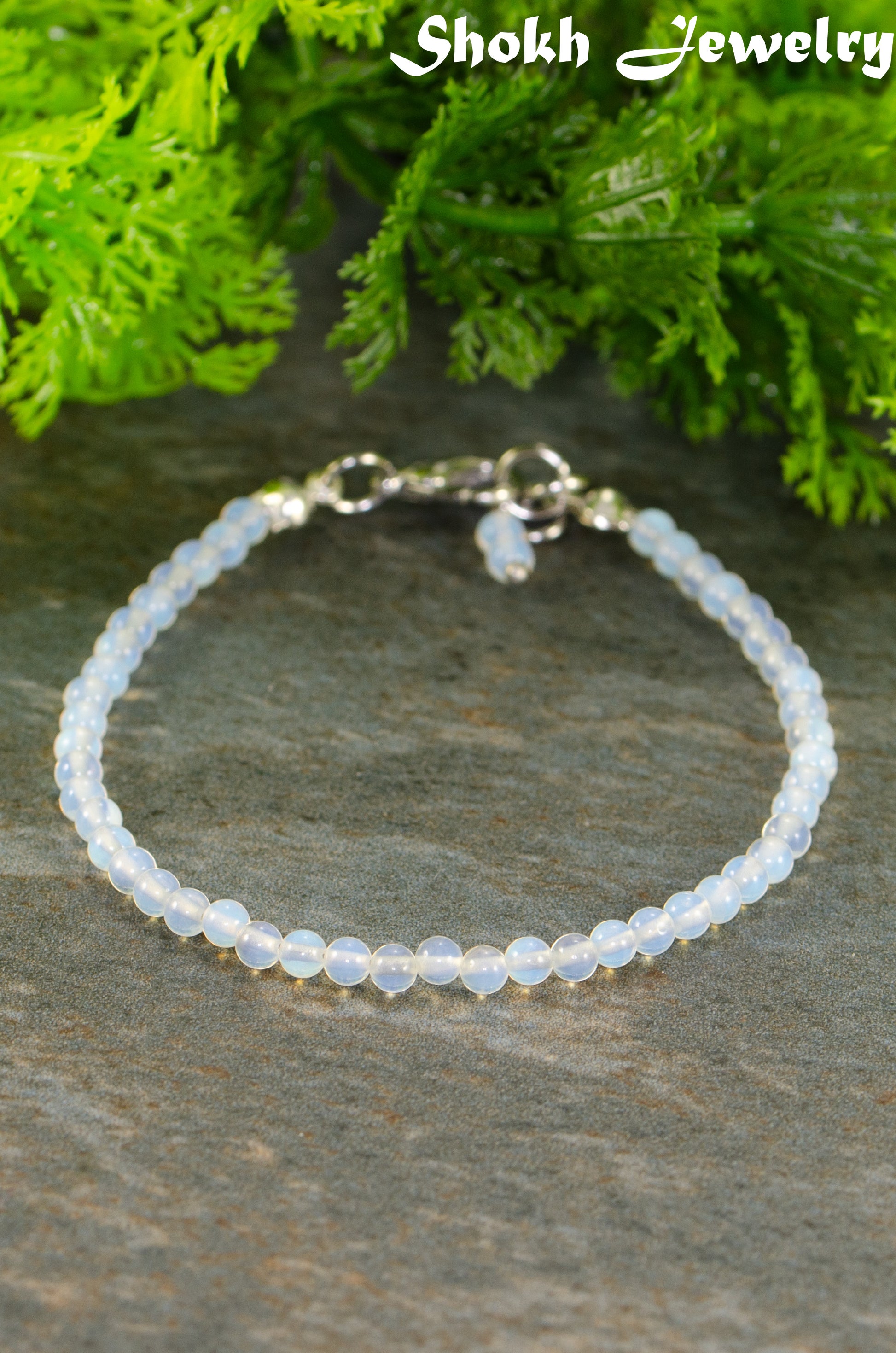 3mm Clear White Opalite Anklet with clasp and a dangle.