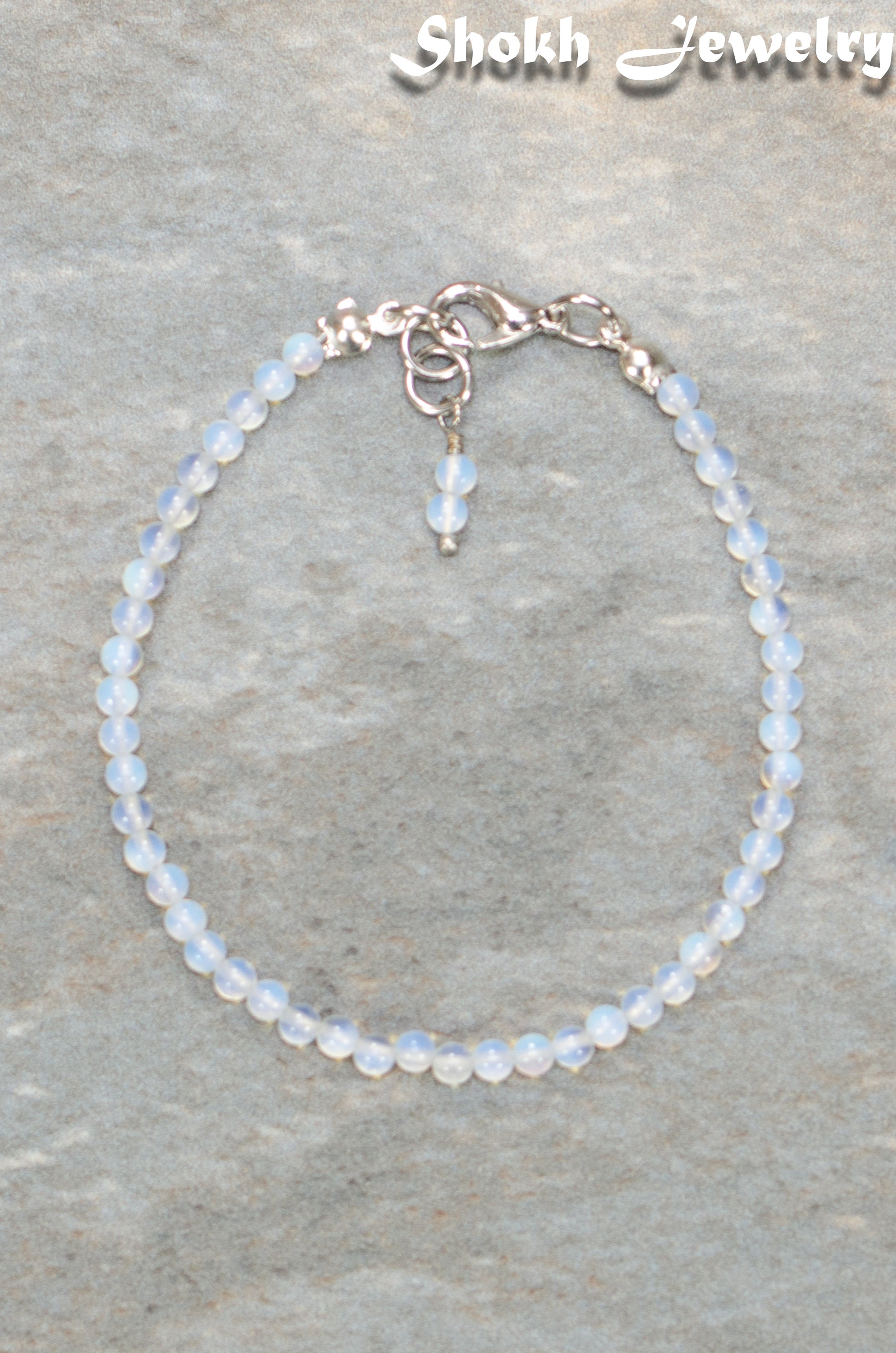 Top view of 3mm Clear White Opalite Anklet.