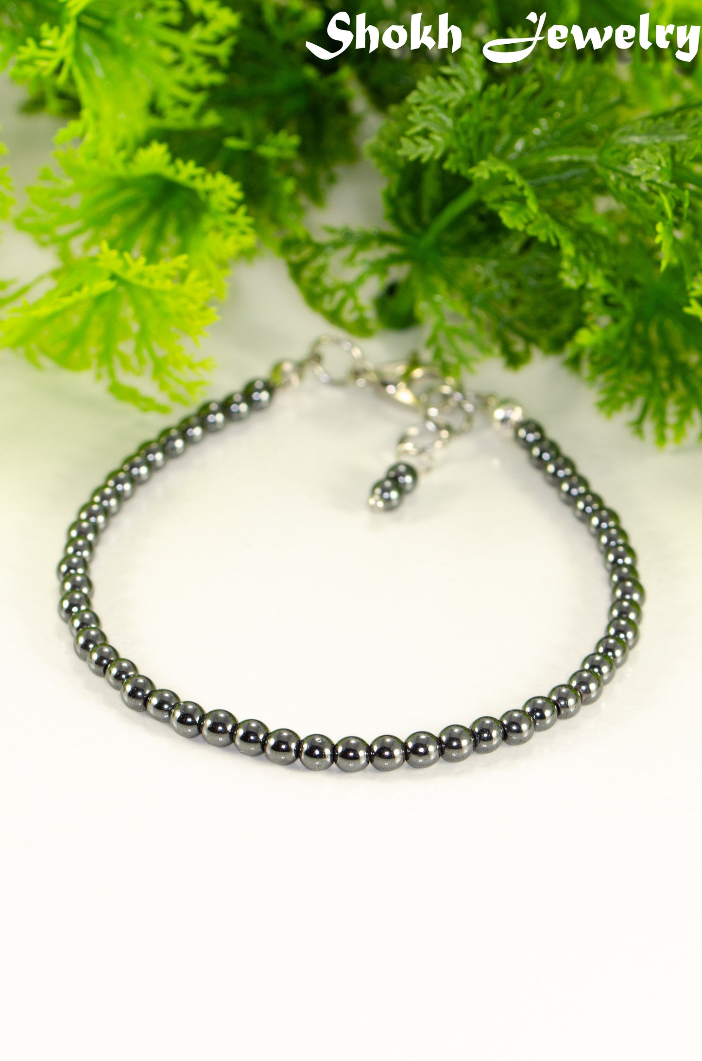 3mm Natural Hematite Anklet with clasp, an extension chain and a dangle.