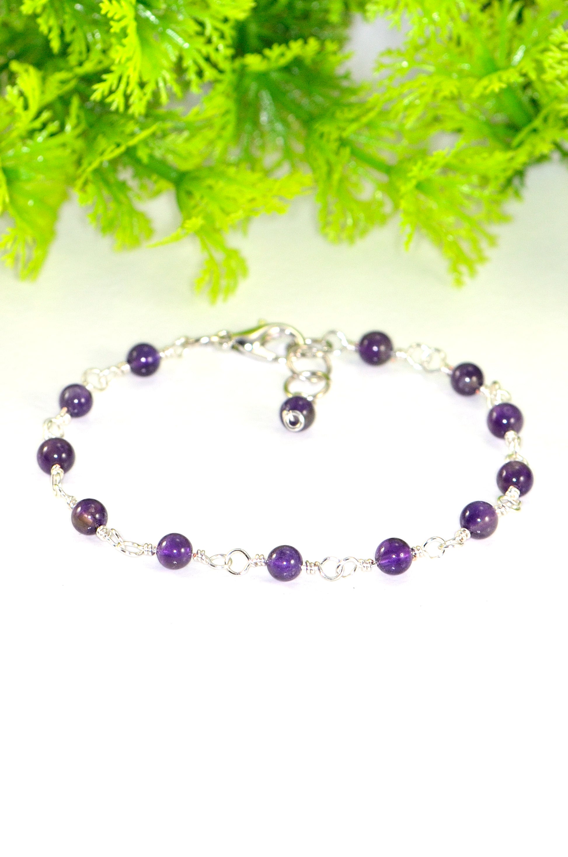 Close up of 4mm Amethyst Link Anklet.