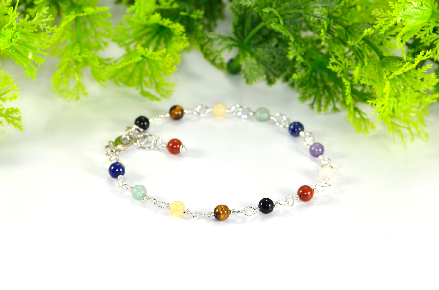 4mm Chakra Gemstone Link Bracelet with Clasp and a dangle