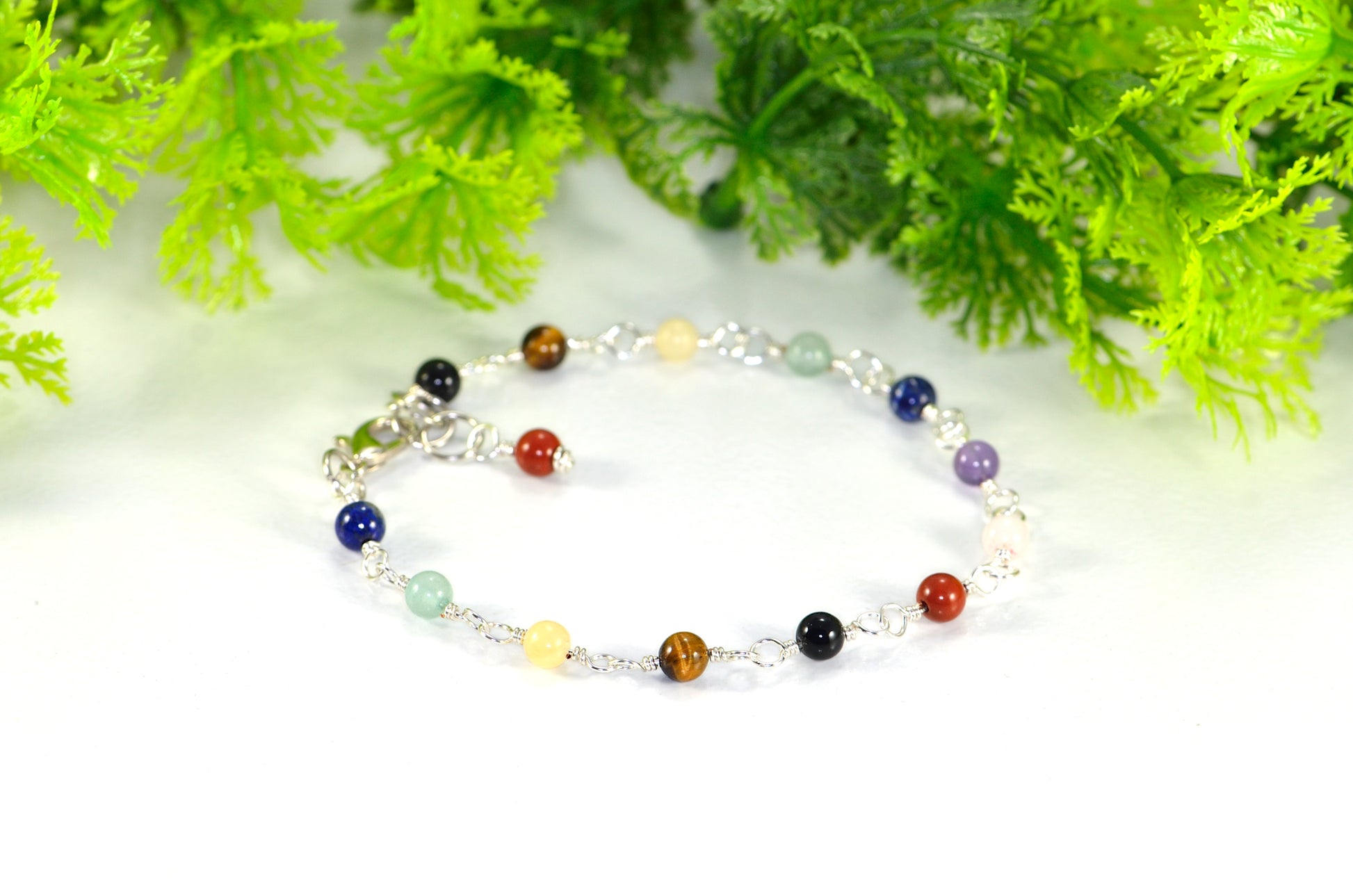 4mm Chakra Gemstone Link Bracelet with Clasp and a dangle