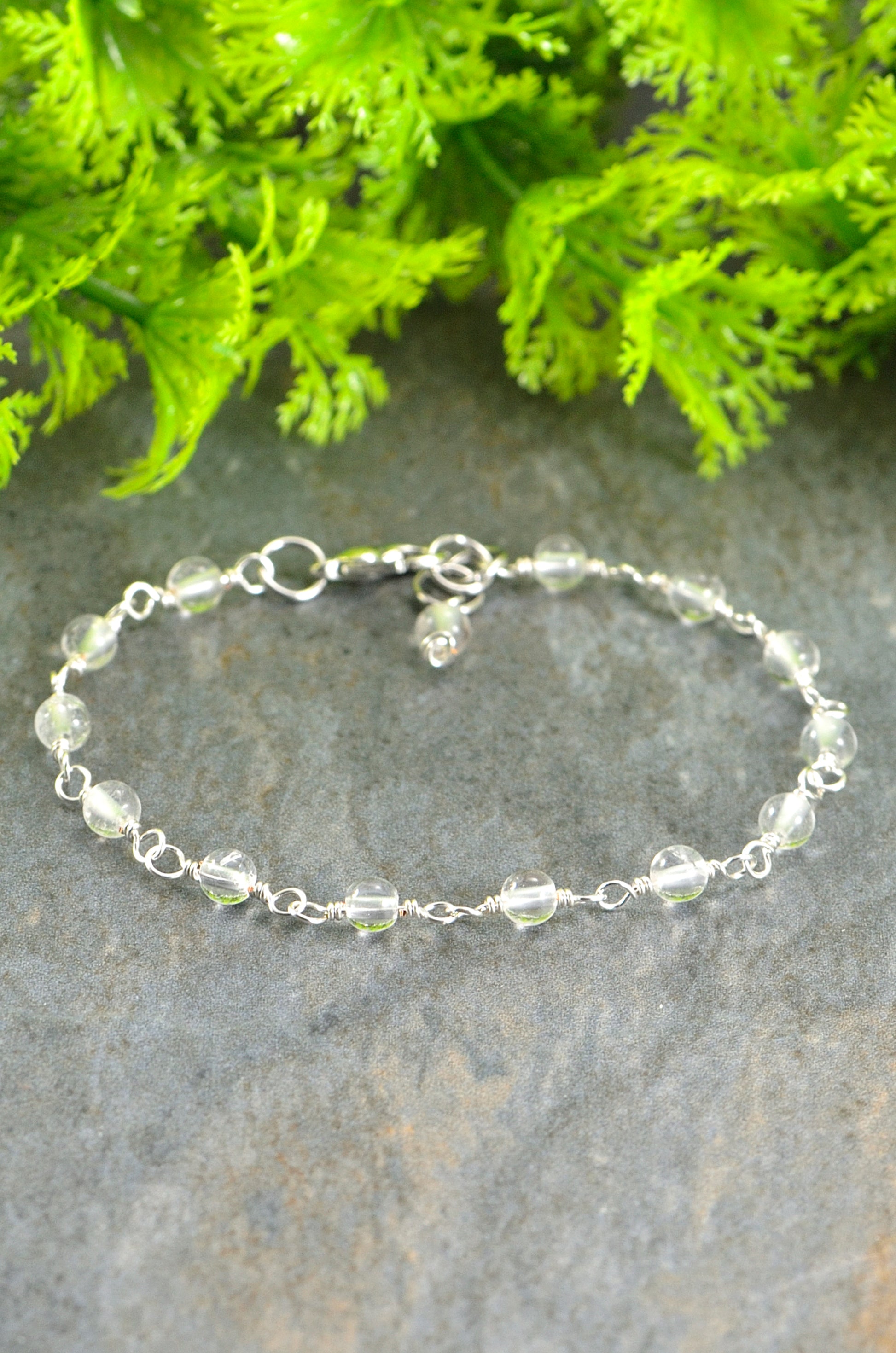 Close up of 4mm Clear Quartz Link Bracelet.