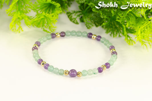 4mm Green Aventurine and Amethyst Bracelet with gold plated accent beads.