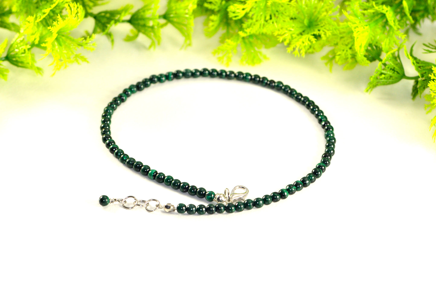 4mm Natural Malachite Choker Necklace with clasp and a cute little dangle.