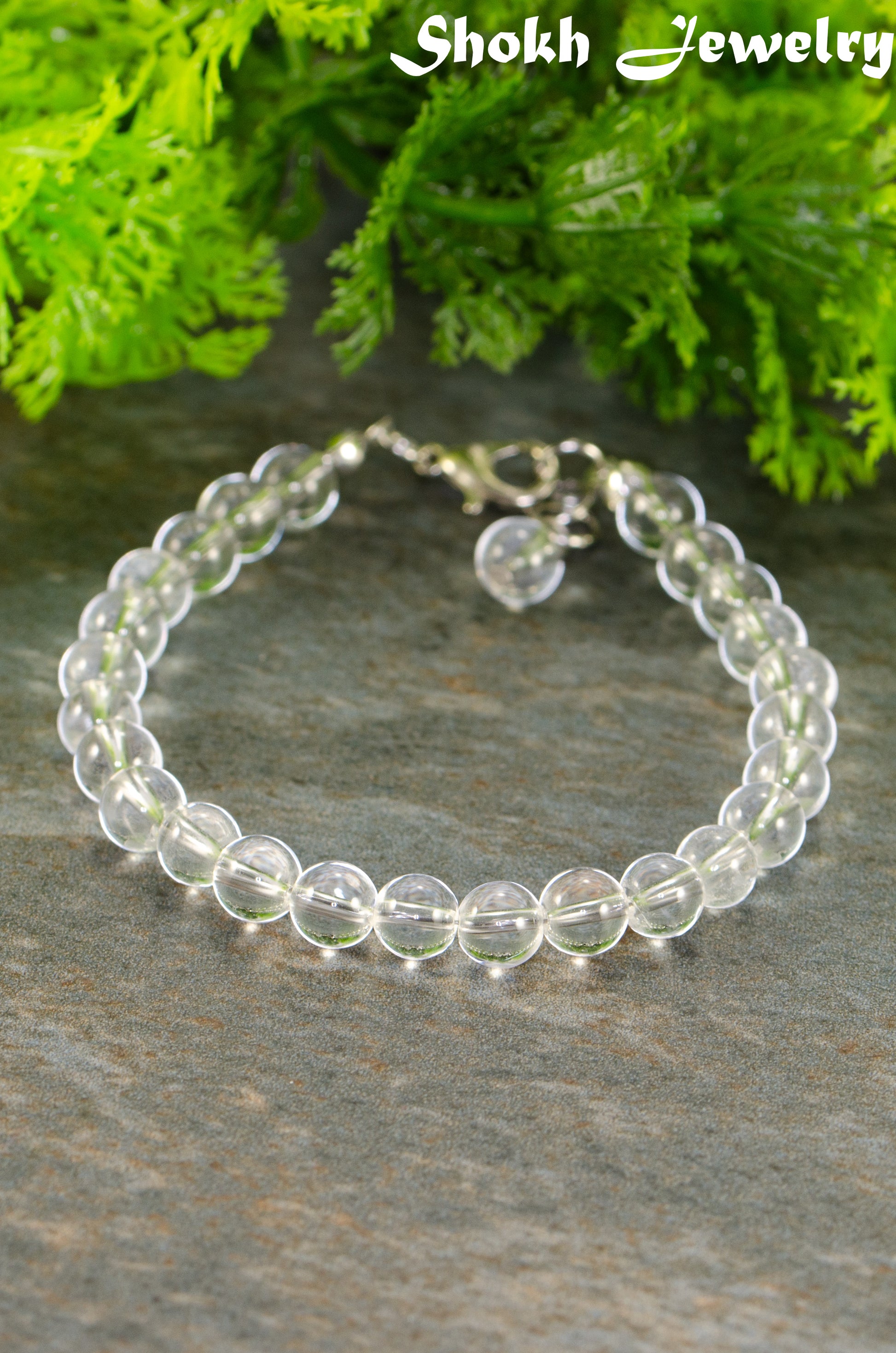 6mm Clear Quartz Beaded Anklet with clasp and a dangle.