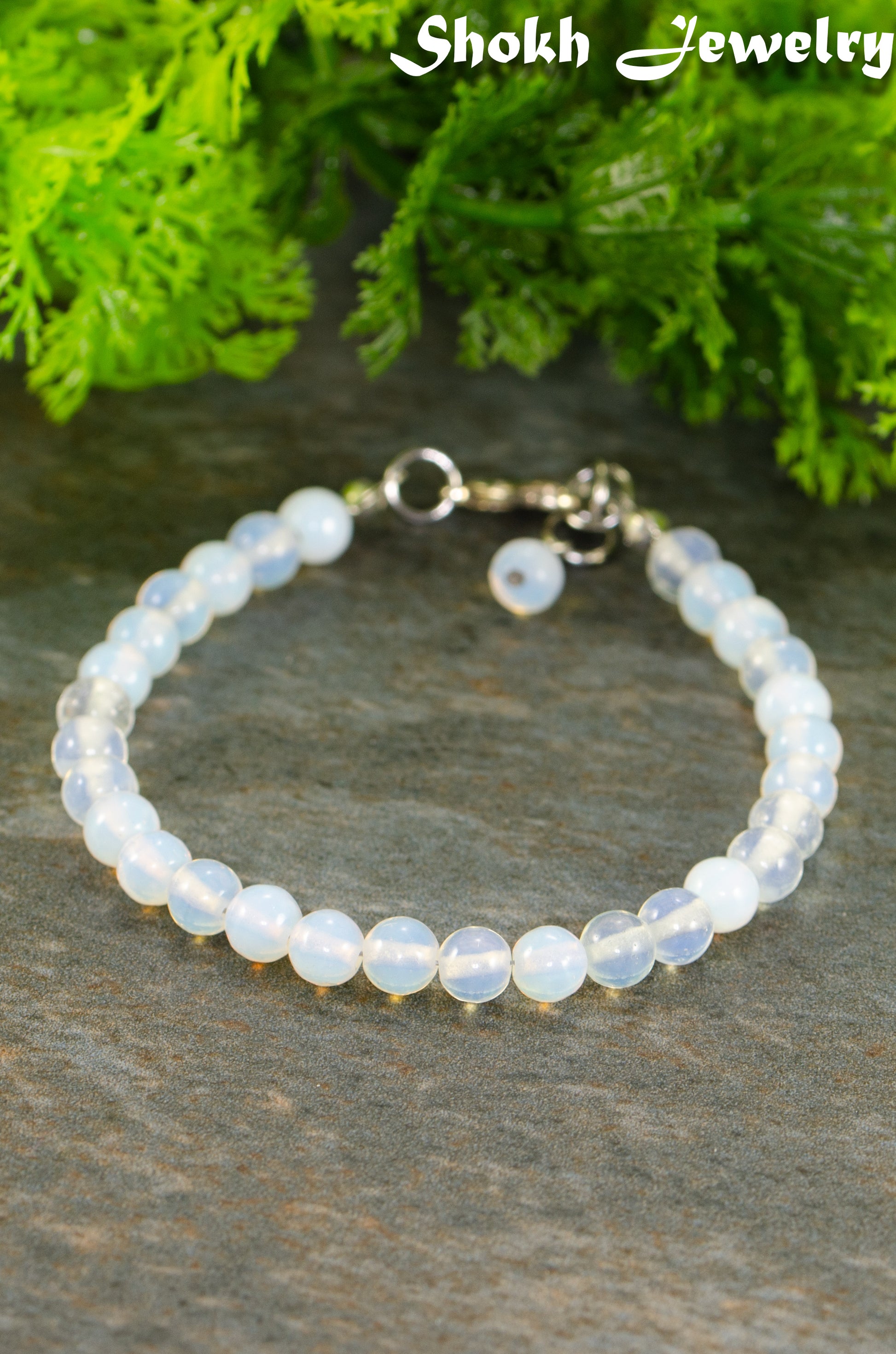 6mm Clear White Opalite Beaded Anklet with clasp and a dangle.