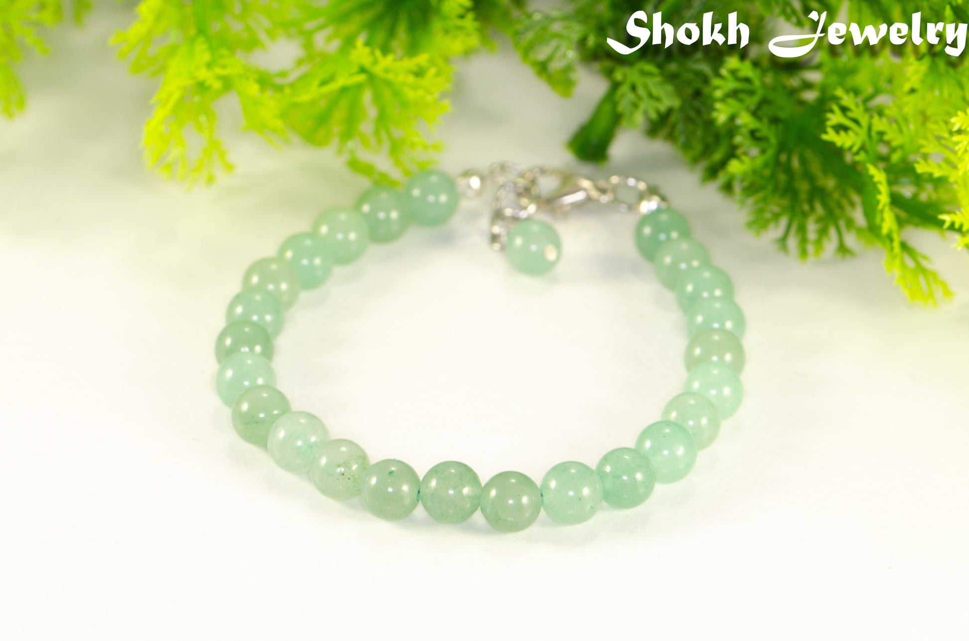 Close up of 6mm Green Aventurine Beaded Bracelet.