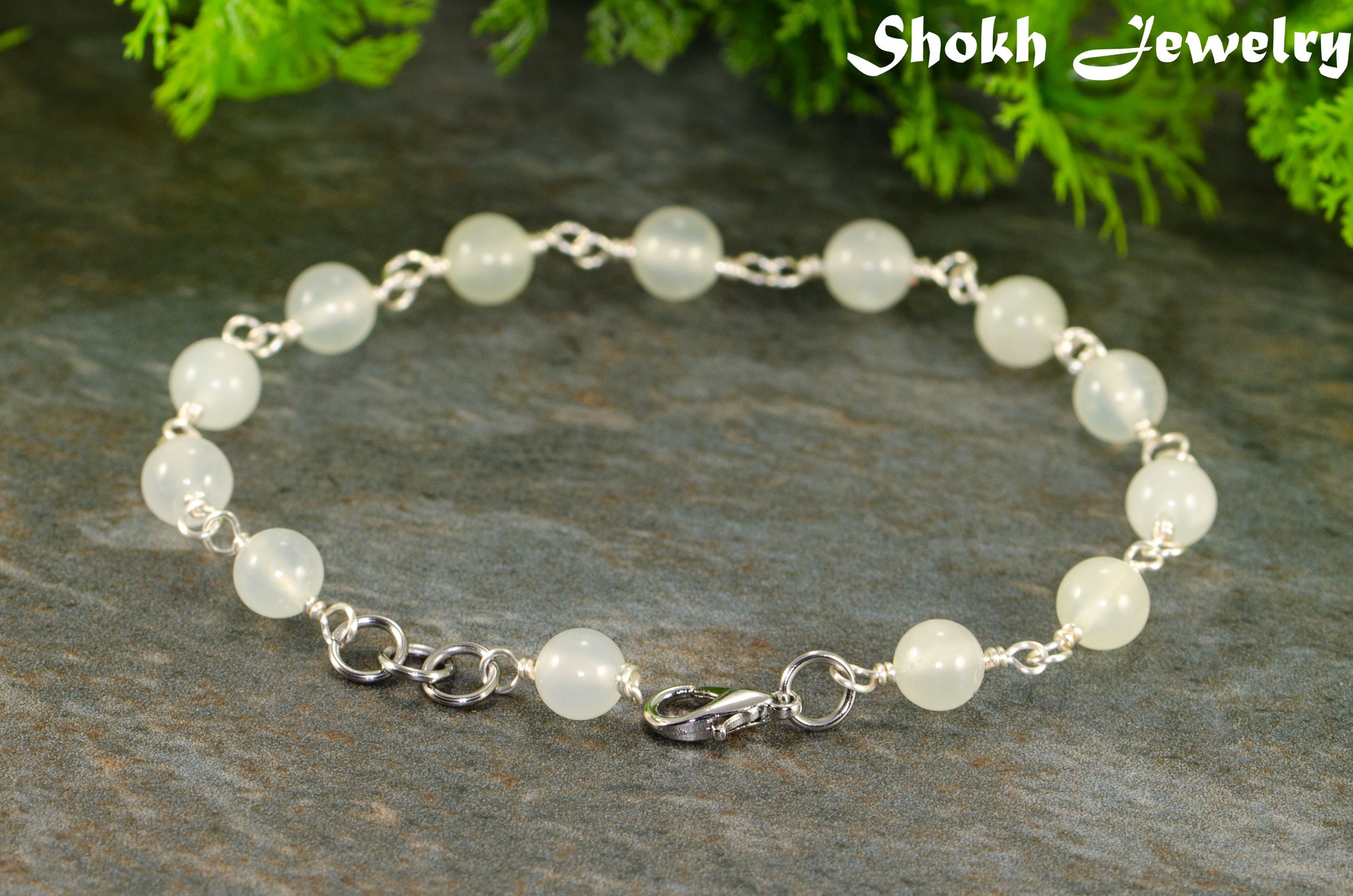 Close up of 6mm Green Jade Link Anklet.