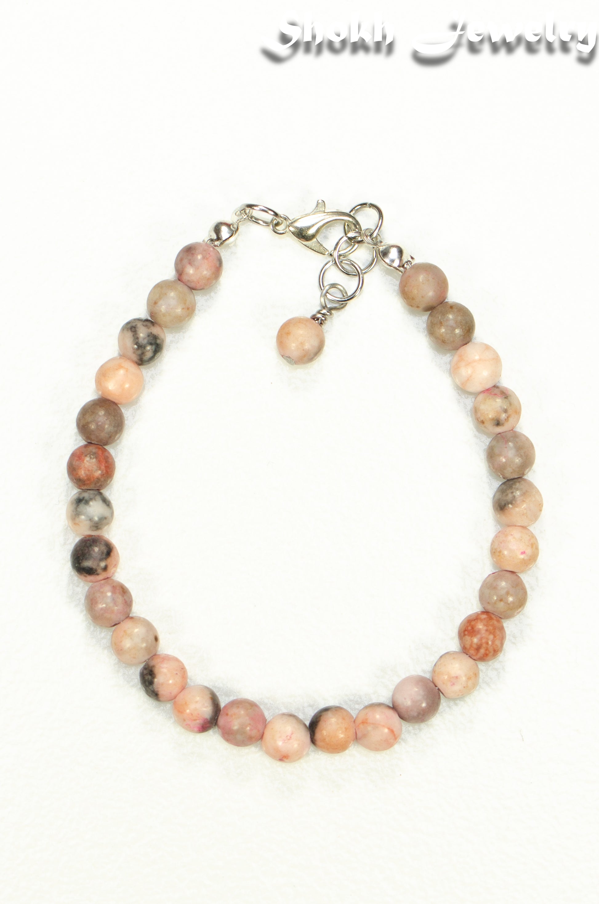 Top view of 6mm Pink Zebra Jasper Beaded Anklet.