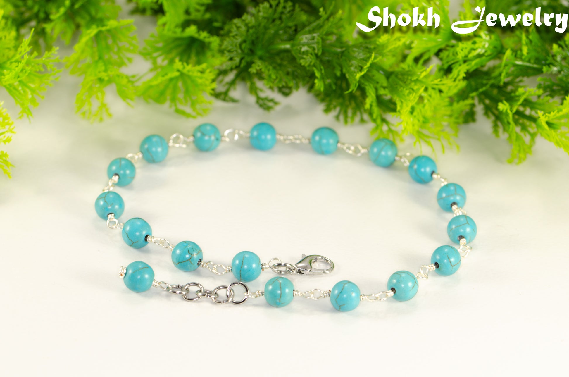 8mm Turquoise Howlite Link Choker Necklace with lobster claw clasp, extender chain and a dangle.