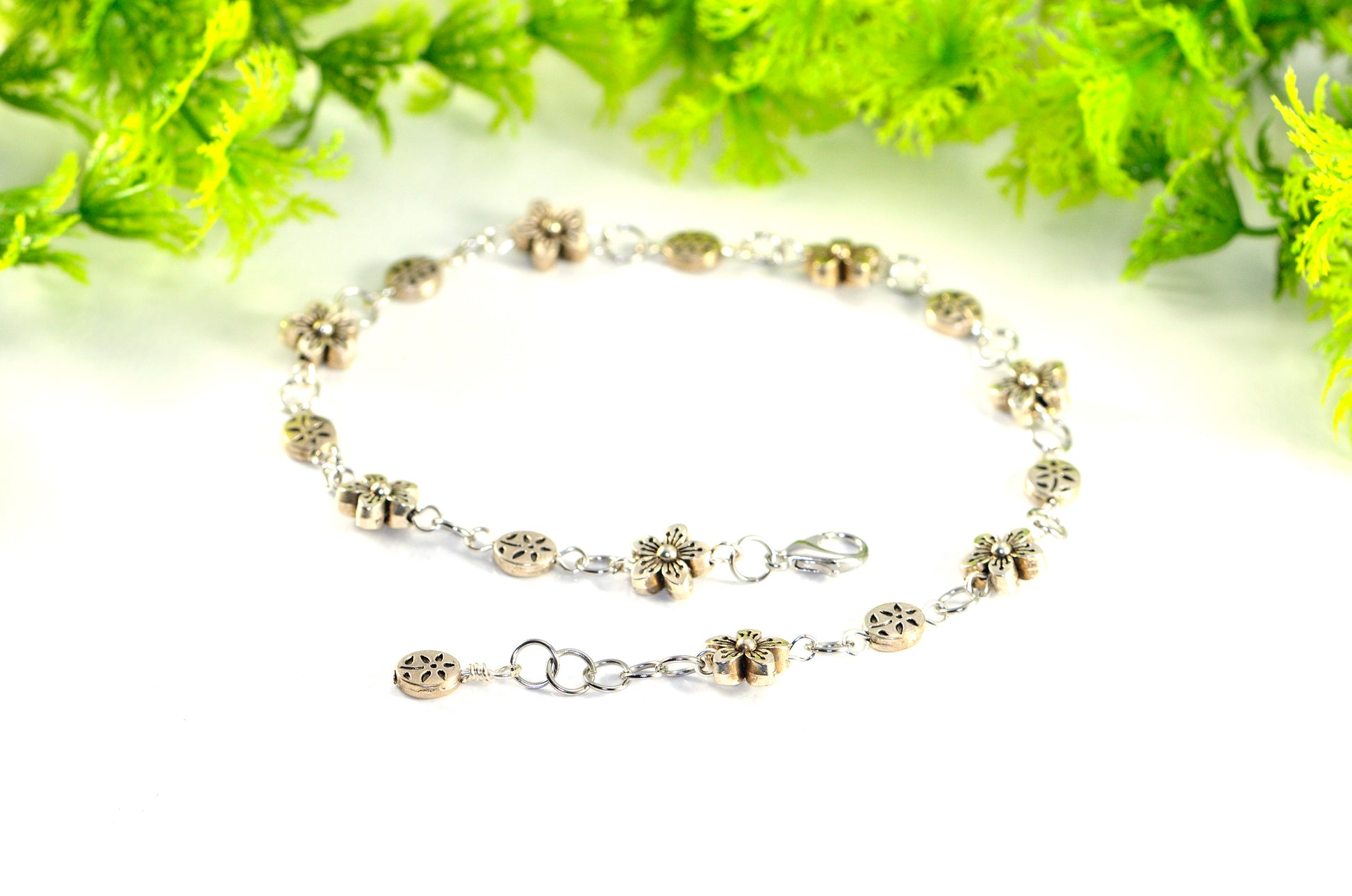 Chunky Tibetan Silver Flower Choker Necklace with clasp and a cute little dangle.