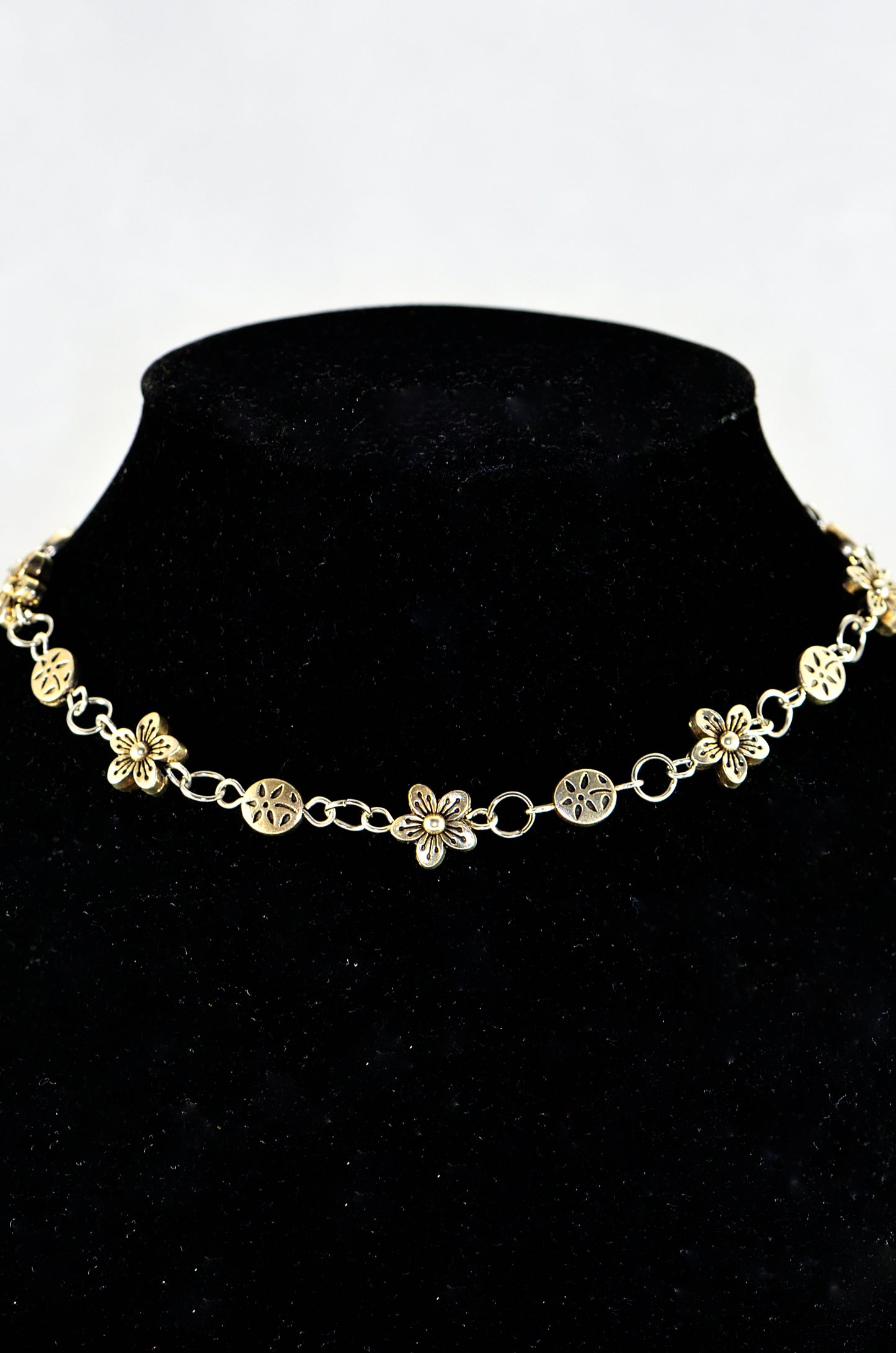 Close up of Chunky Tibetan Silver Flower Choker Necklace.