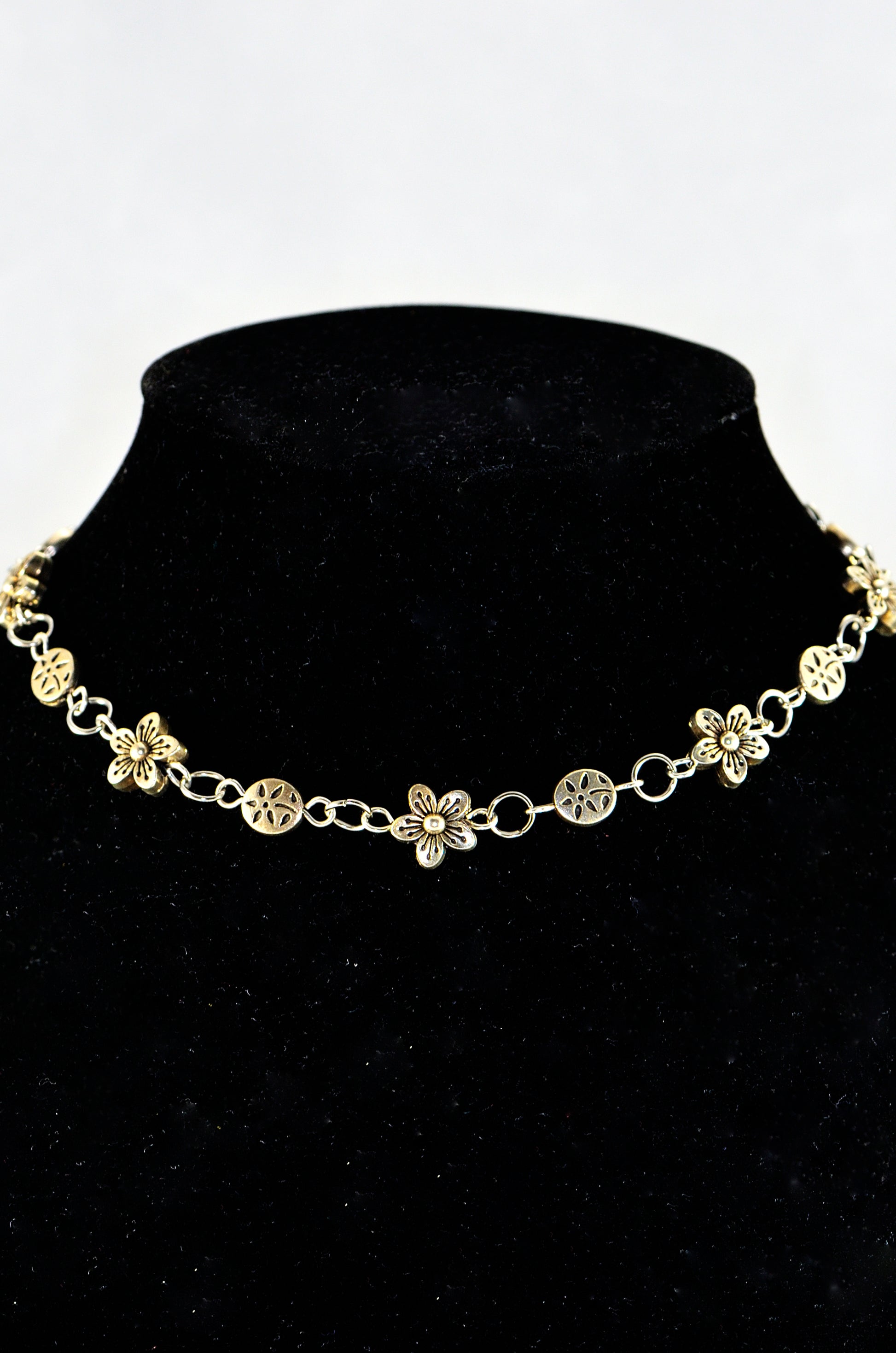 Close up of Chunky Tibetan Silver Flower Choker Necklace.