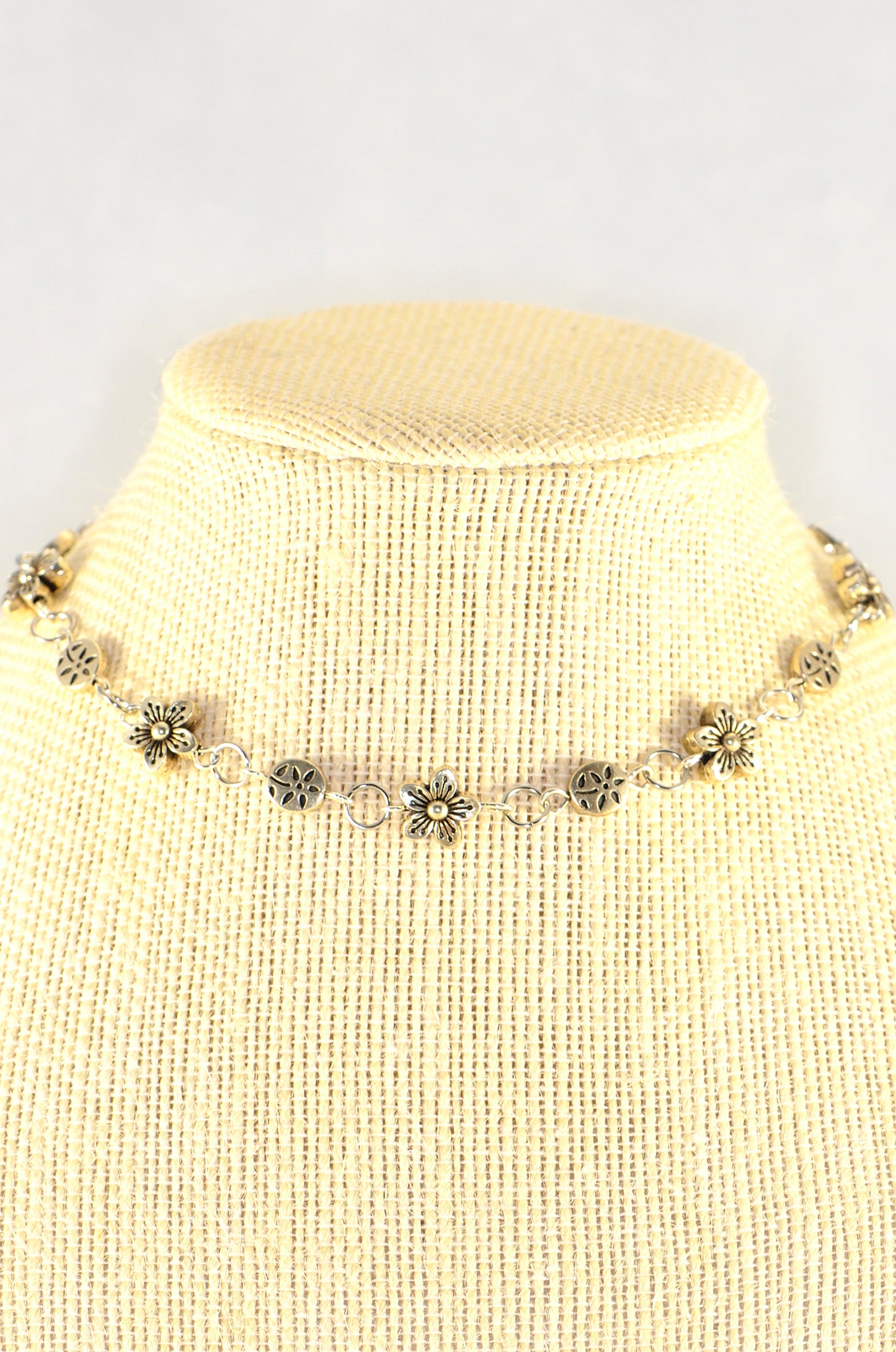 Close up of Chunky Tibetan Silver Flower Choker Necklace.