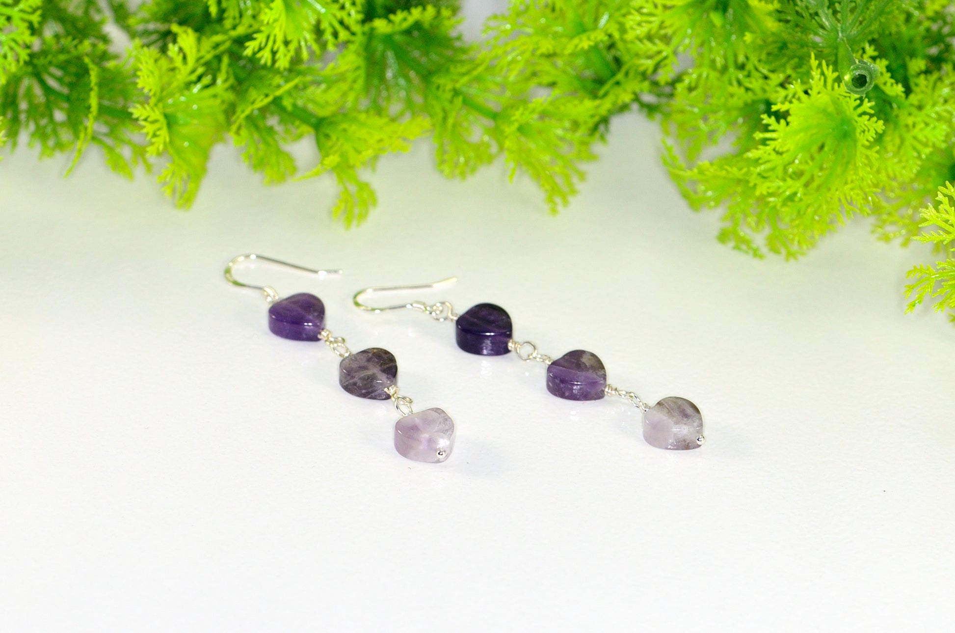 Natural Amethyst Heart Dangle Earrings for women.