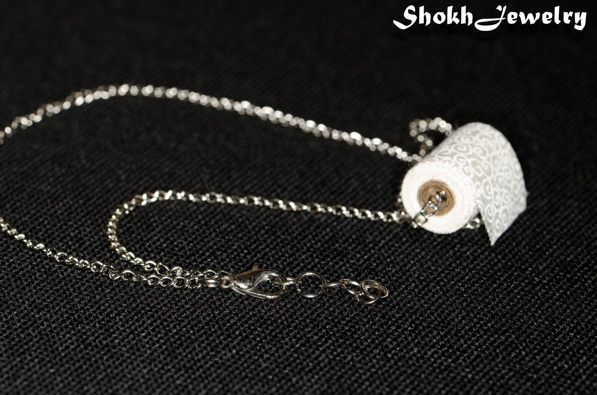 Miniature Toilet Paper Roll and Dainty Chain Choker Necklace with lobster claw clasp closure.