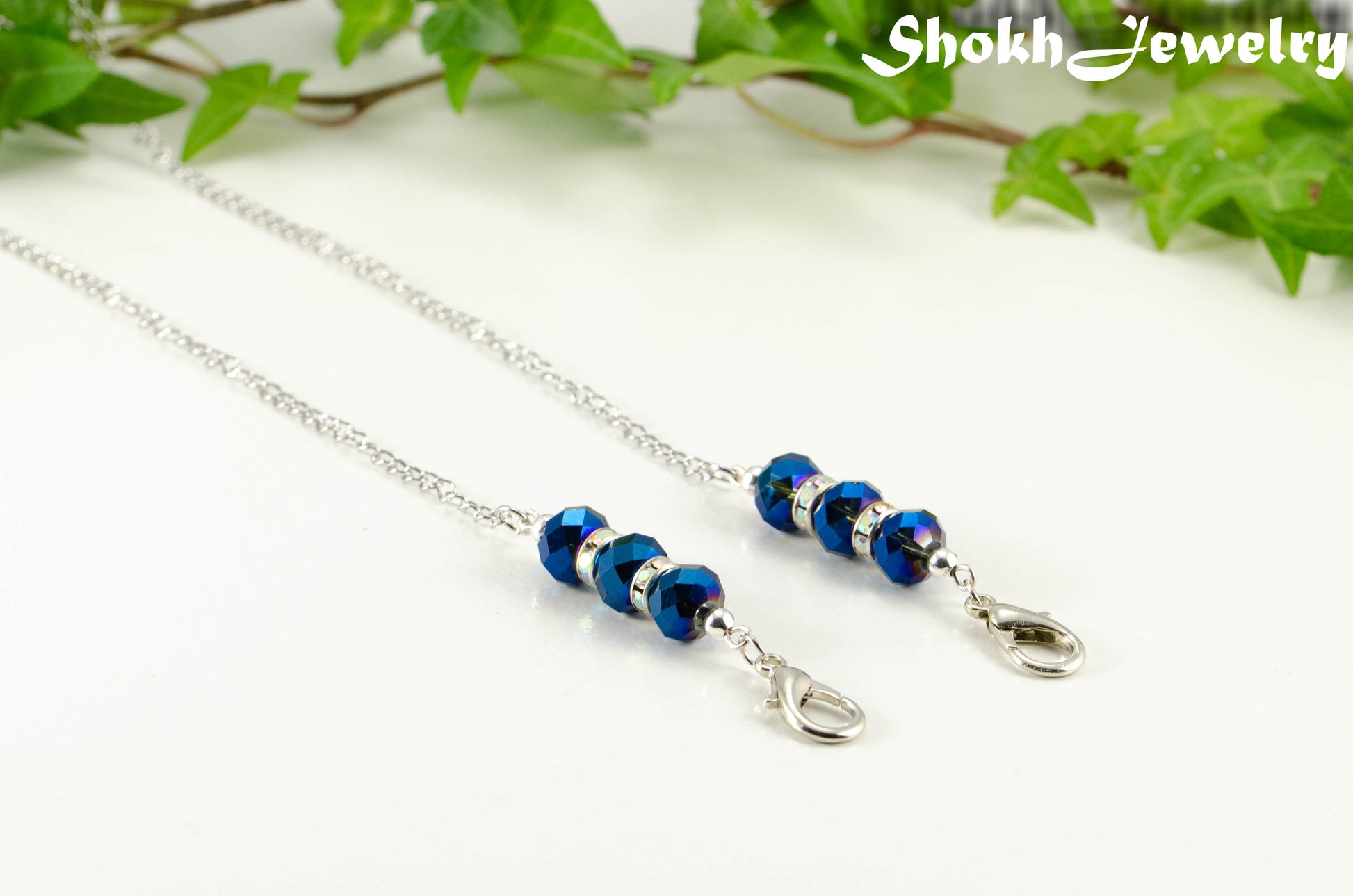 Blue Glass Crystal and Sparkly Rhinestone Eyeglass Chain.