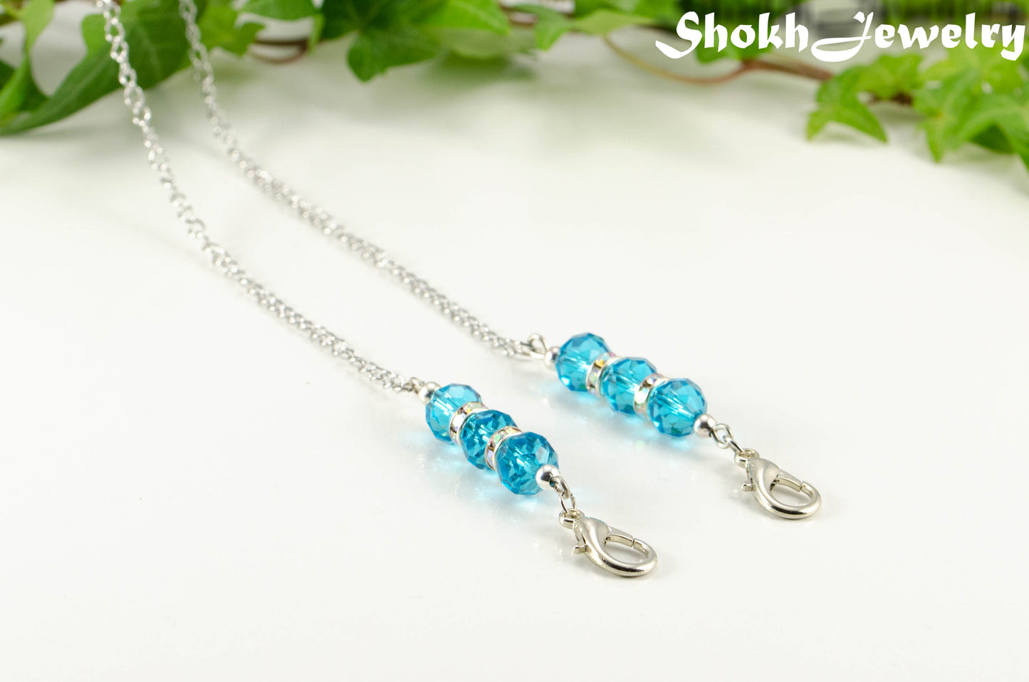 Blue Glass and Sparkly Rhinestone Eyeglass Chain