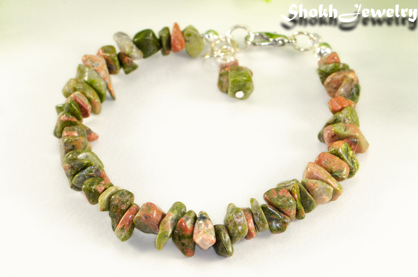 Close up of Natural Unakite Crystal Chip Bracelet.