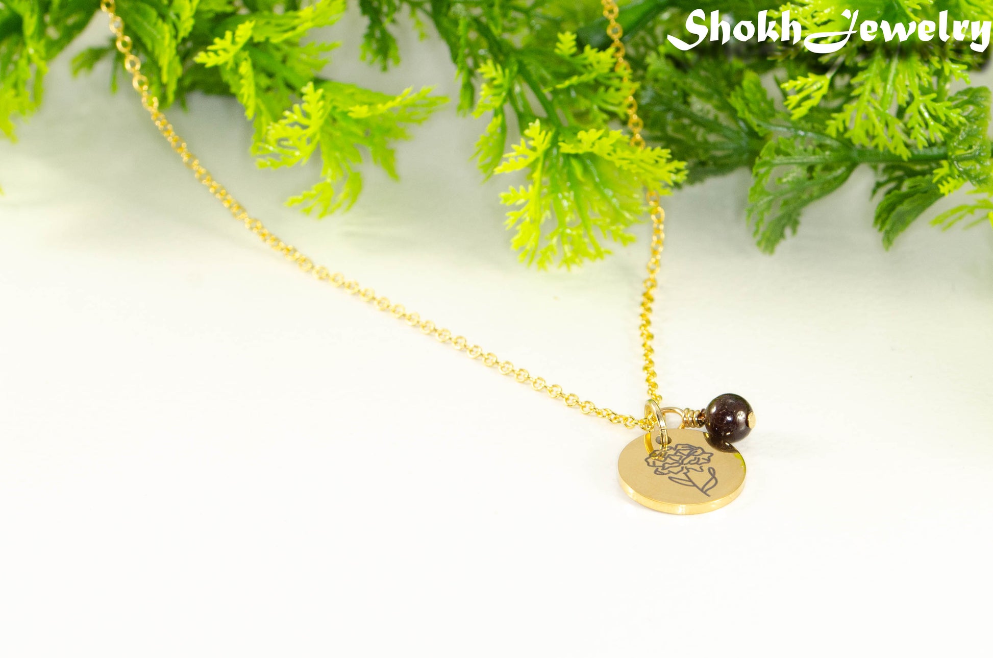 Gold Plated January Birth Flower Necklace with Garnet Birthstone Pendant.