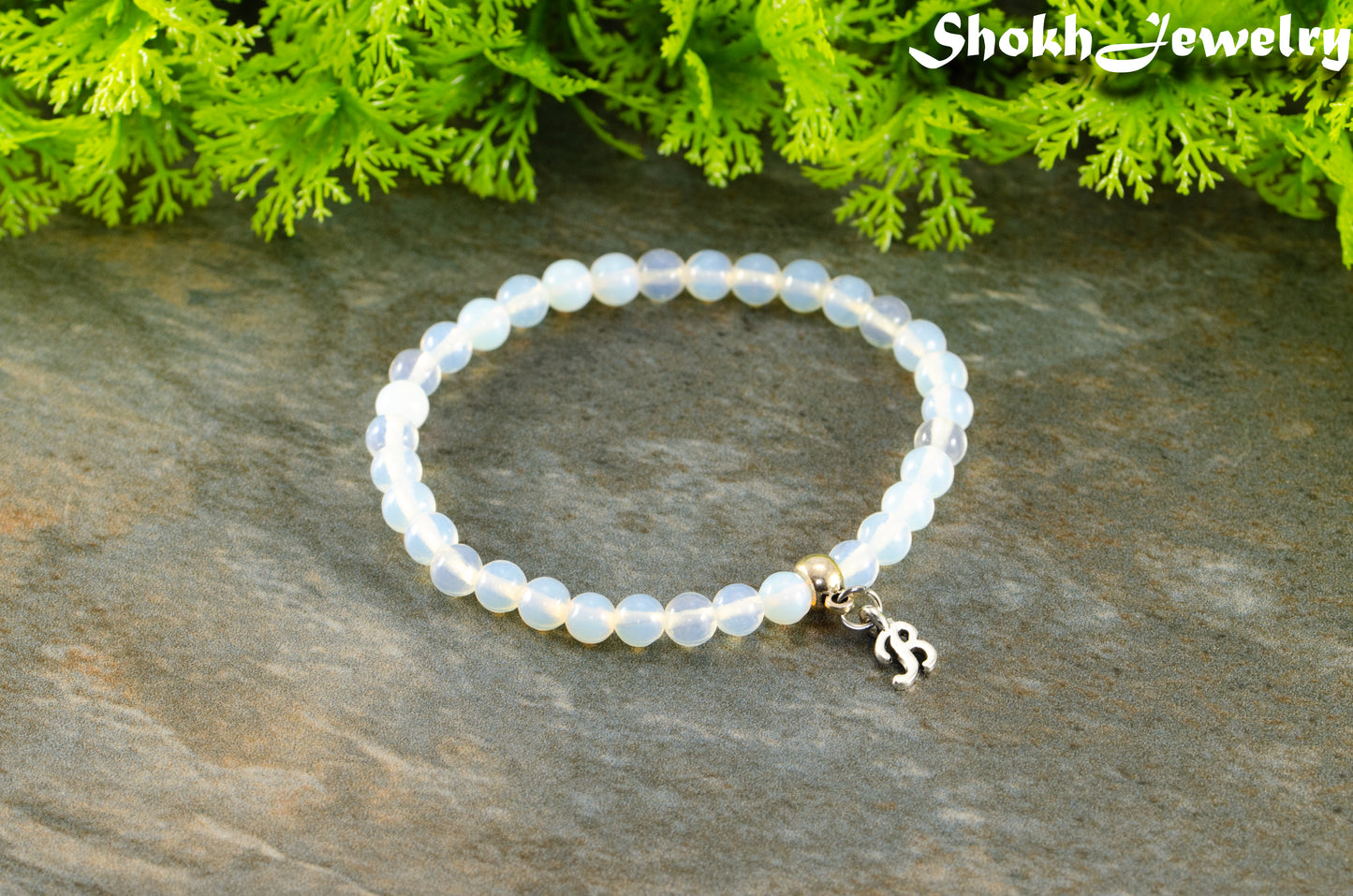 6mm White Opal Bracelet with Initial.
