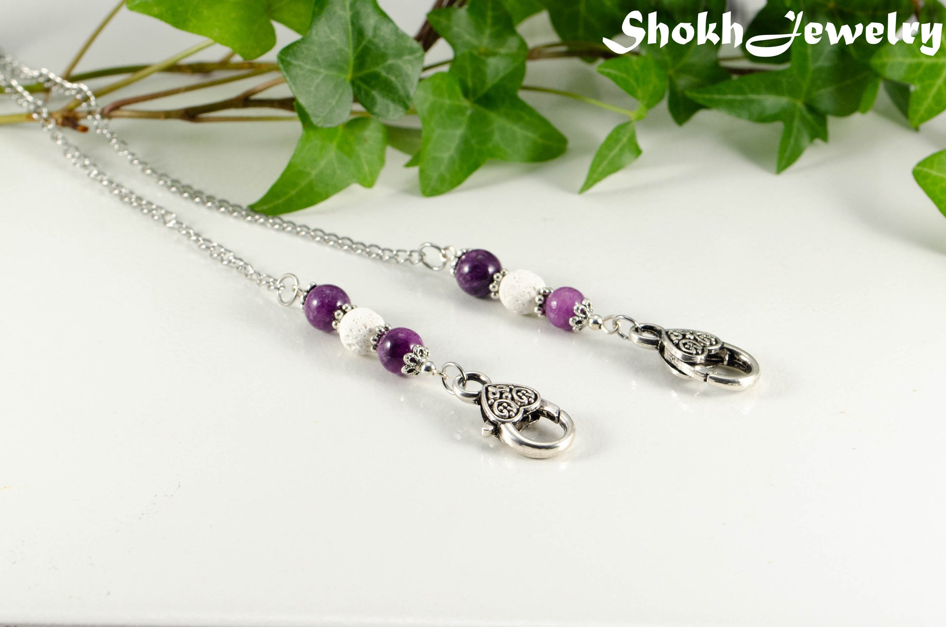 8mm Purple Quartzite and White Lava Stone Eyeglass Chain