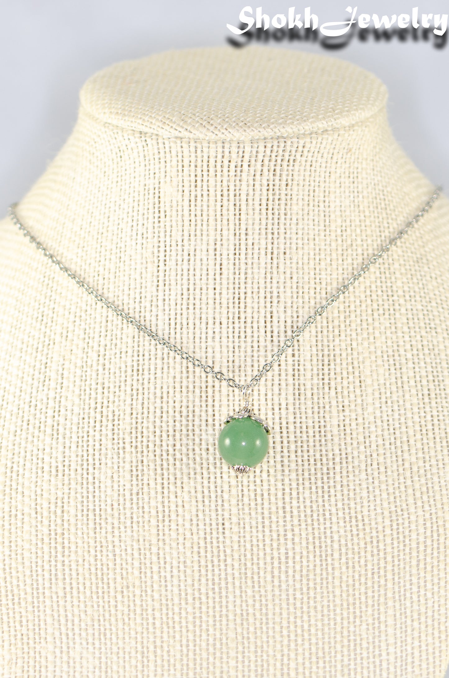 12mm Green Aventurine Pendant Necklace displayed on a bust.