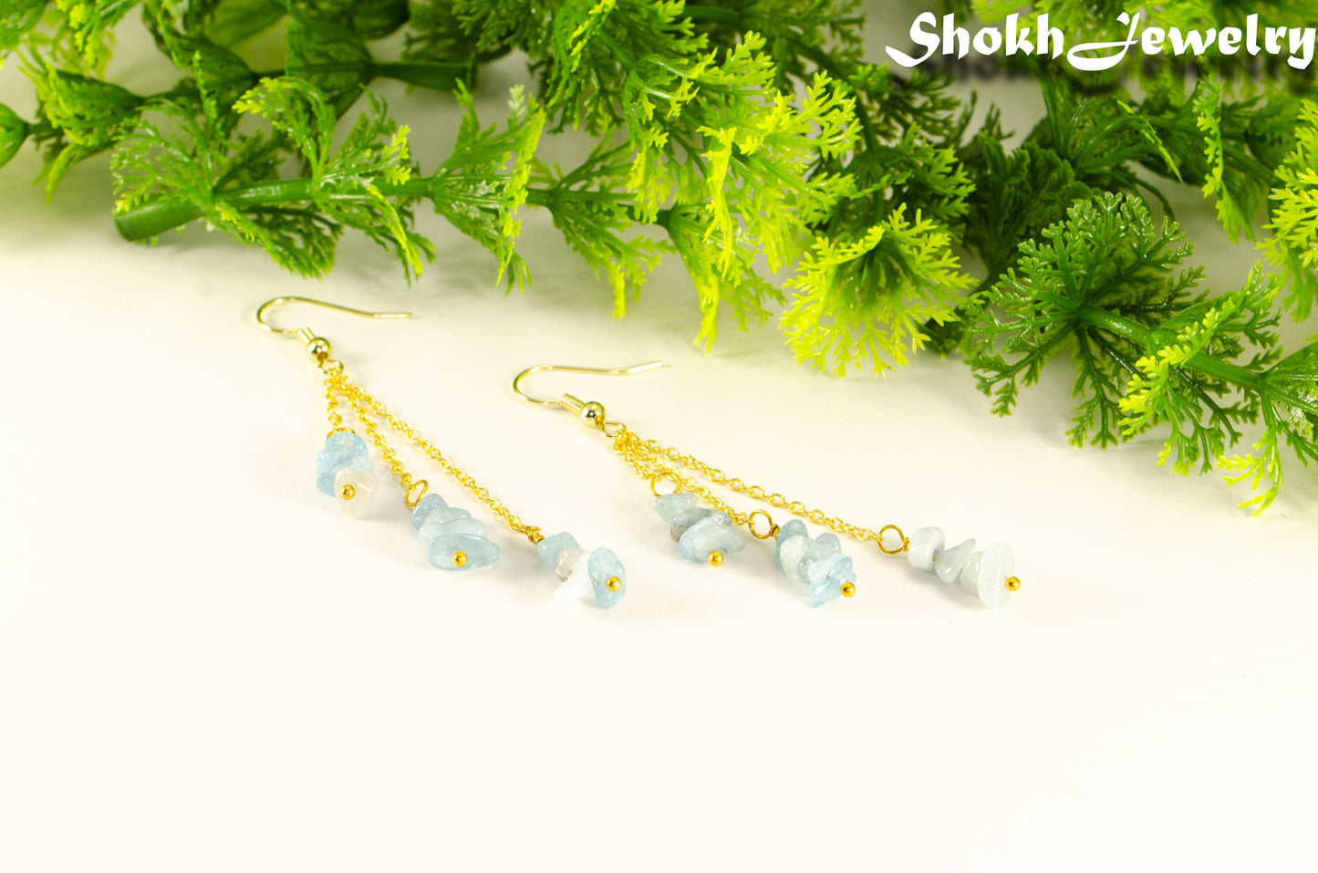 Long Gold Plated Chain and Aquamarine Crystal Chip Earrings for women
