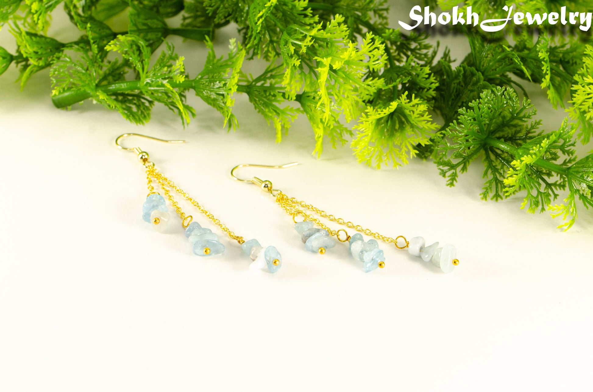 Long Gold Plated Chain and Aquamarine Crystal Chip Earrings for women