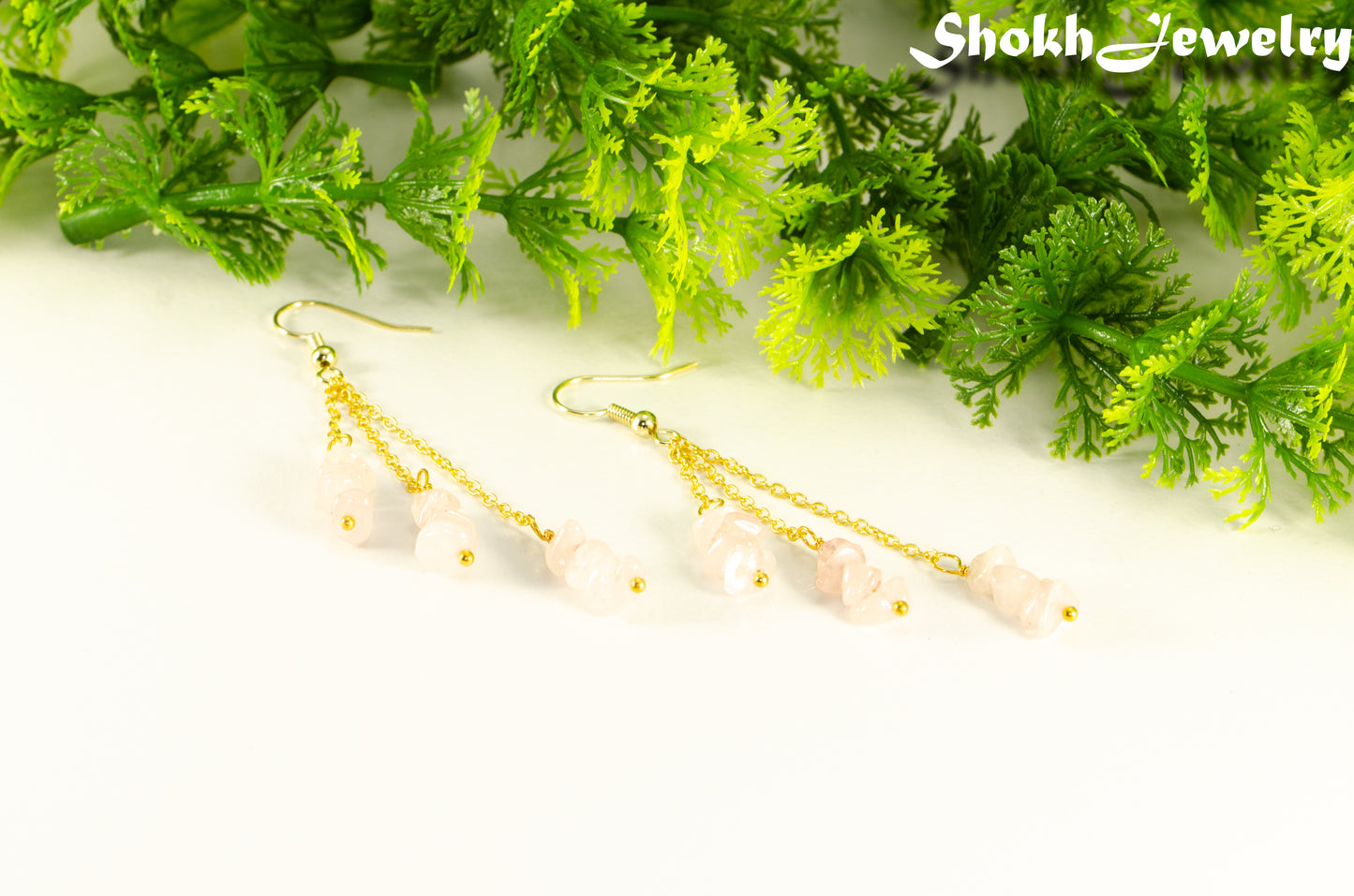 Long Gold Plated Chain and Rose Quartz Crystal Chip Earrings for women.