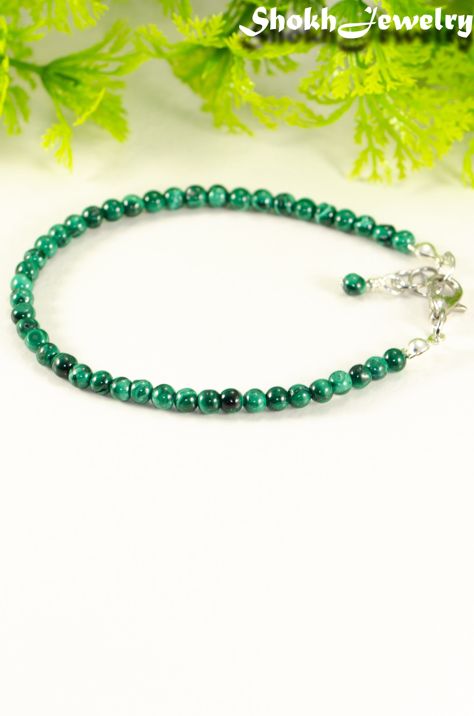 Close up of 3mm Natural Malachite Bracelet with Clasp.