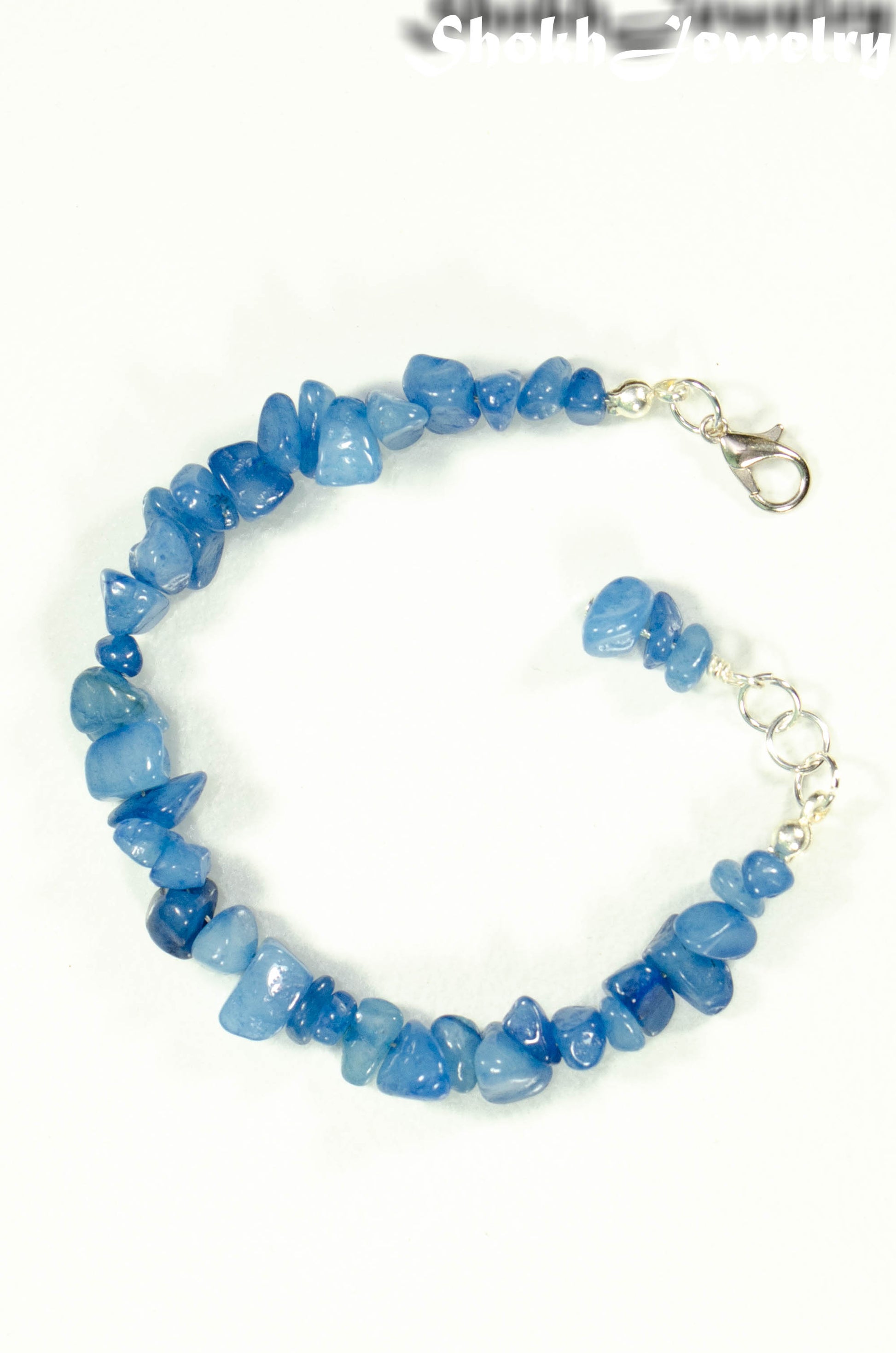 Top view of Natural Blue Quartzite Crystal Chip Bracelet.