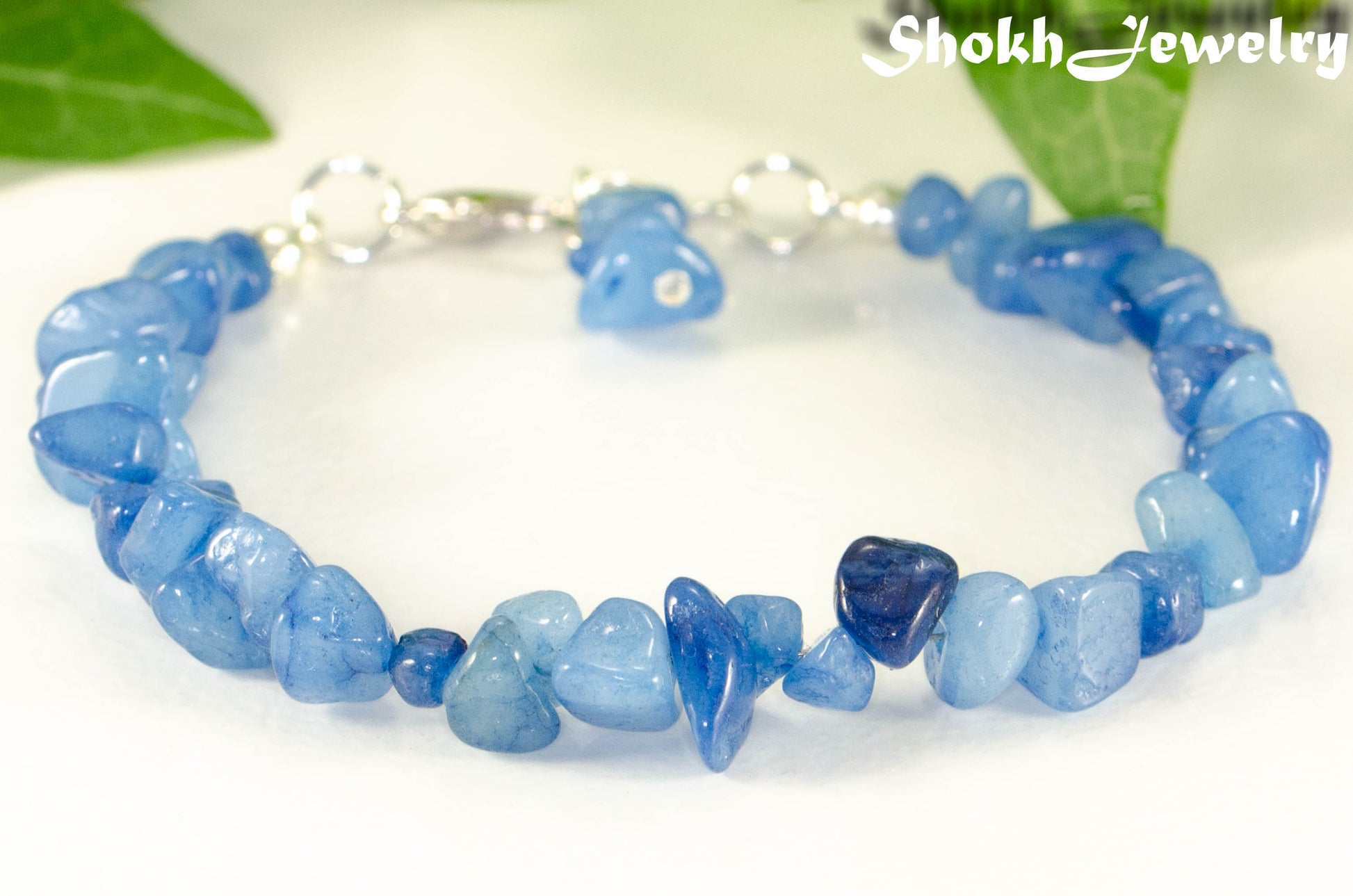 Close up of Natural Blue Quartzite Crystal Chip Bracelet.