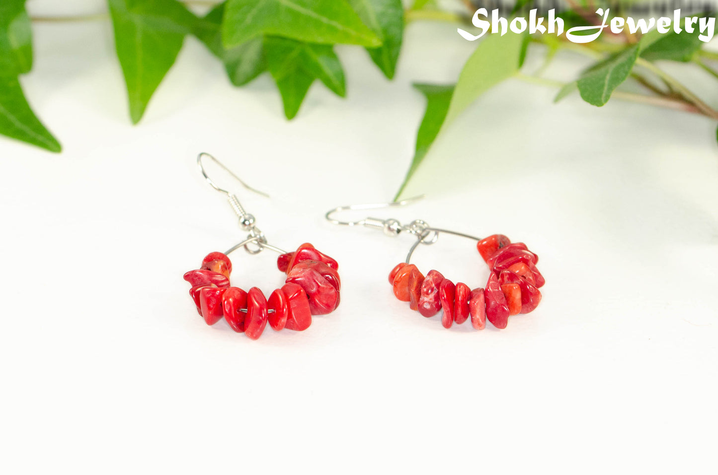 Natural Red Coral Crystal Chip Earrings.