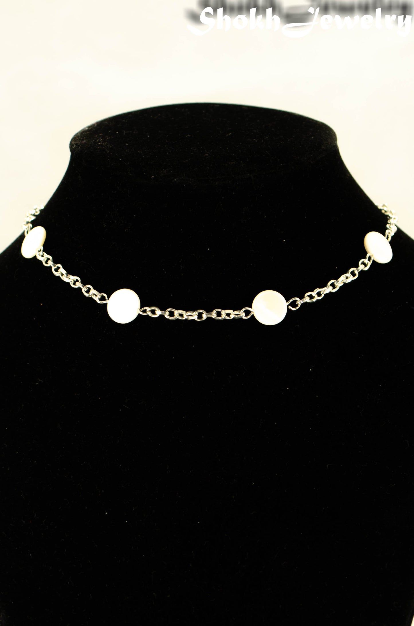 Close up of Seashell and Dainty Chain Choker Necklace.