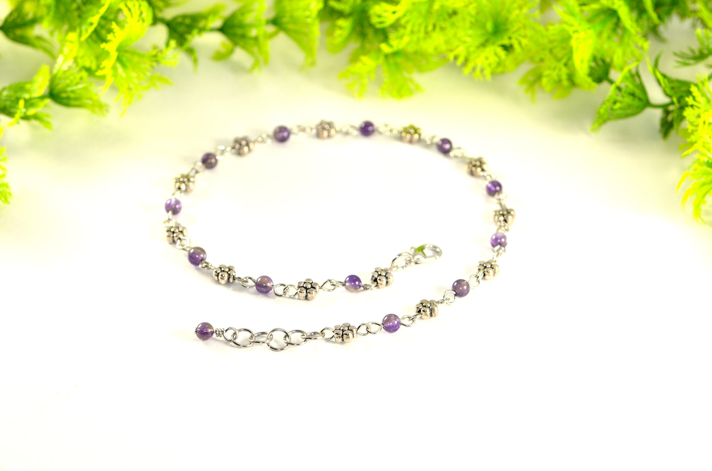 Tibetan Silver Flower and Amethyst Choker Necklace with clasp and a cute little dangle.