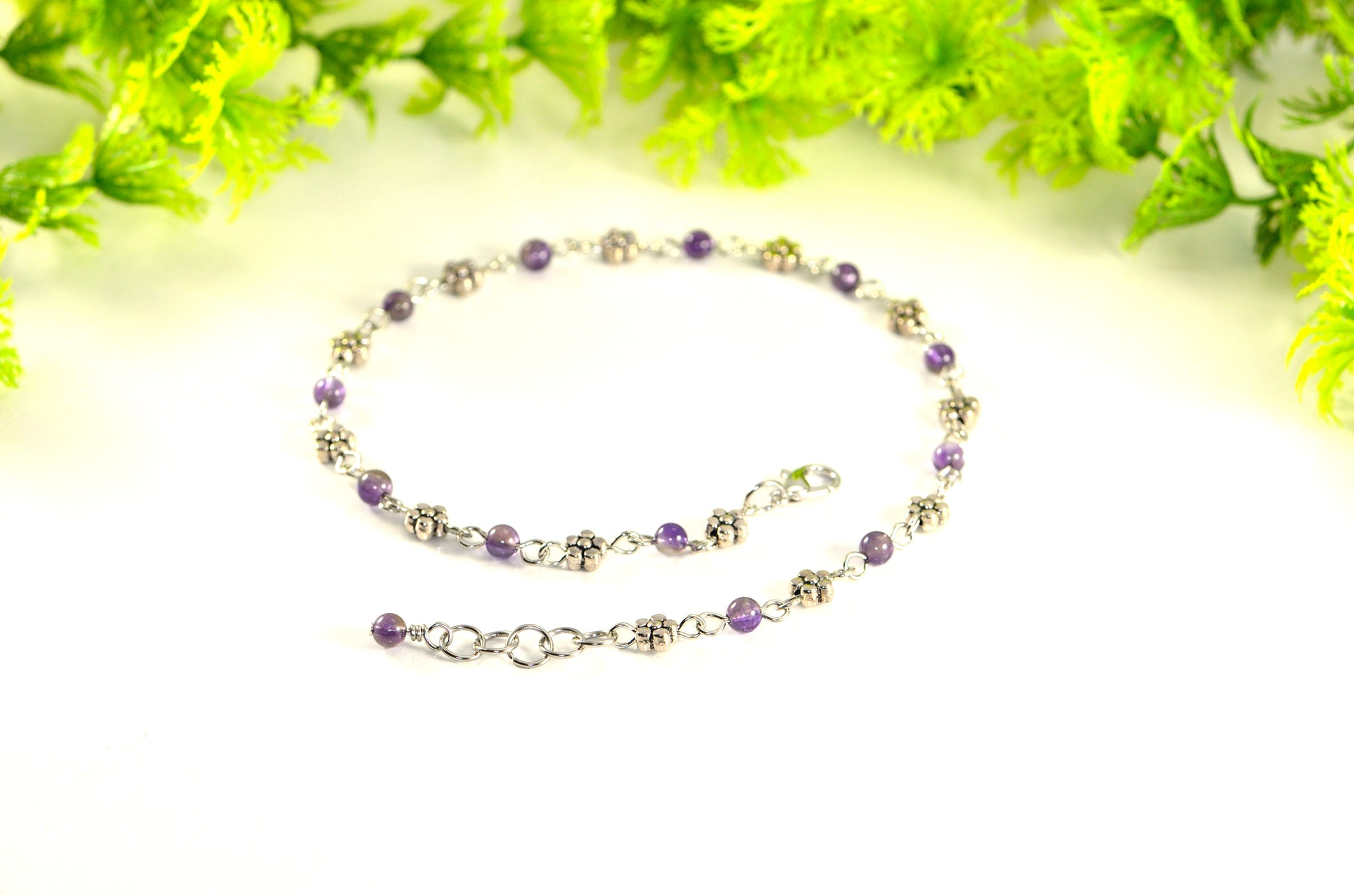 Tibetan Silver Flower and Amethyst Choker Necklace with clasp and a cute little dangle.