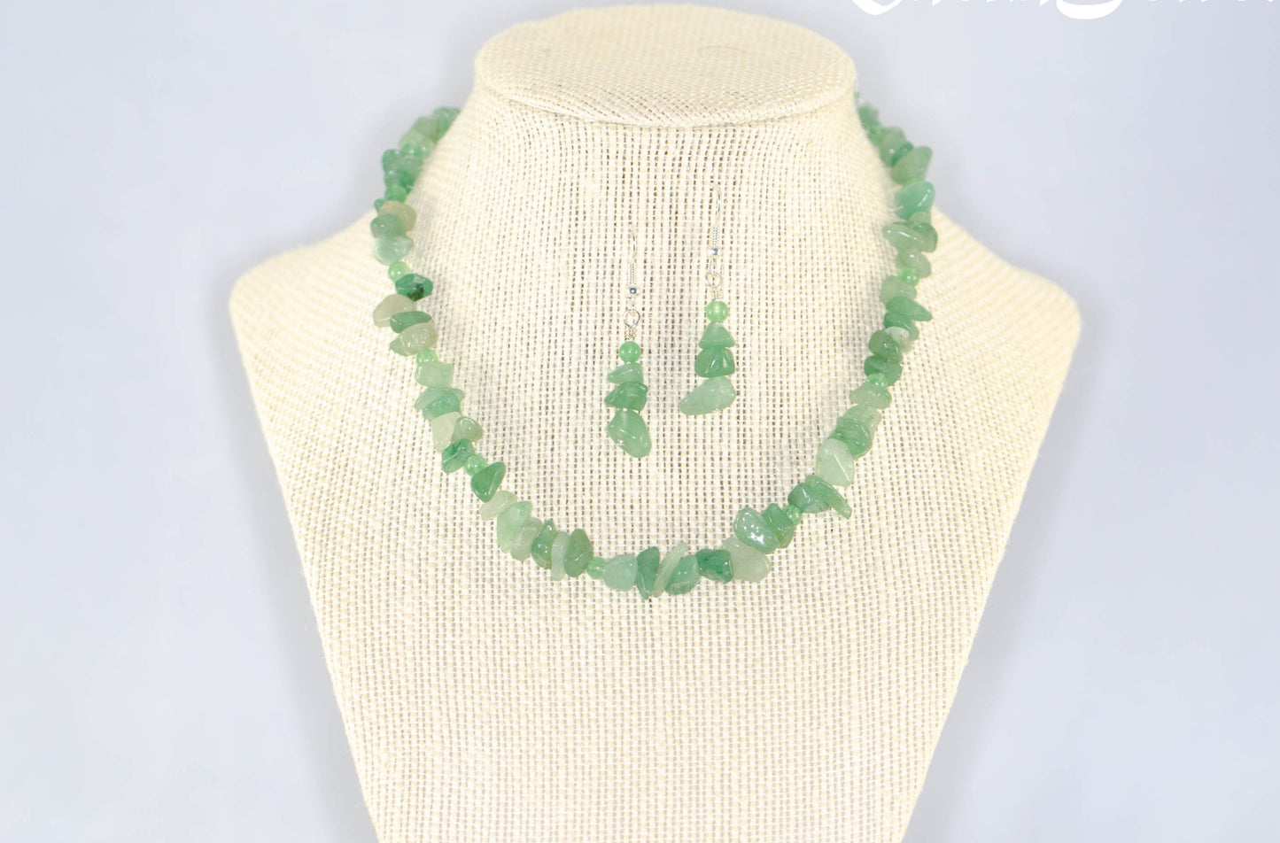 Natural Green Aventurine Crystal Chip Choker Necklace and Earrings Set on a bust