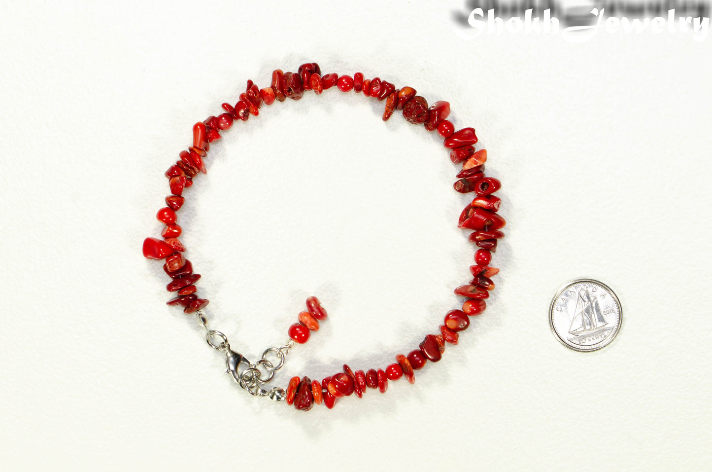 Top view of Natural Red Coral Chip Anklet.