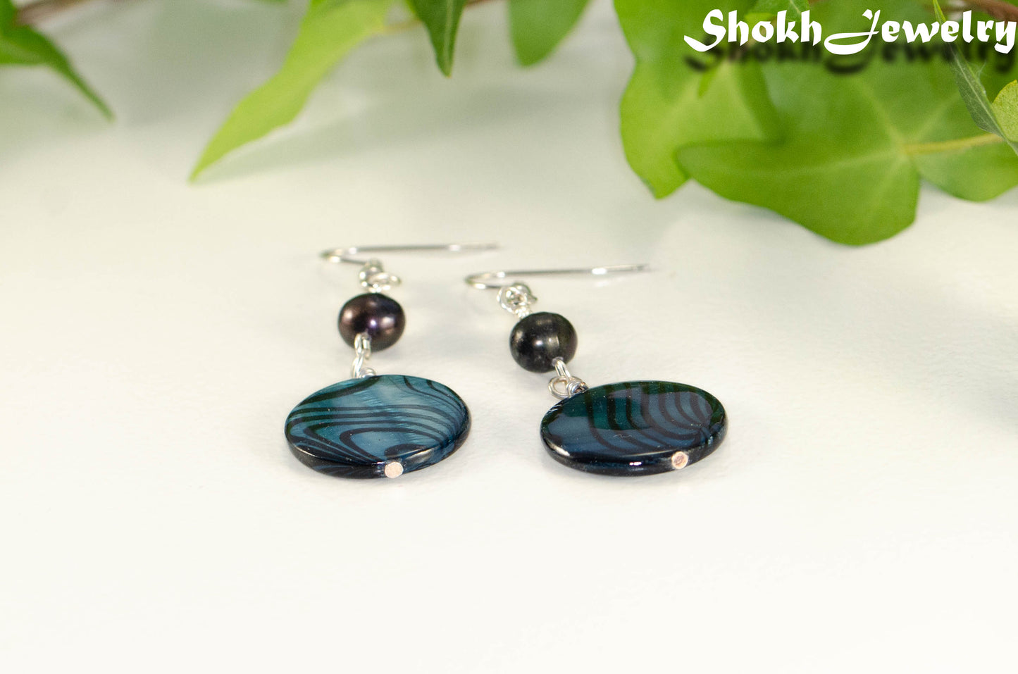 Long Blue Seashell and Pearl Earrings