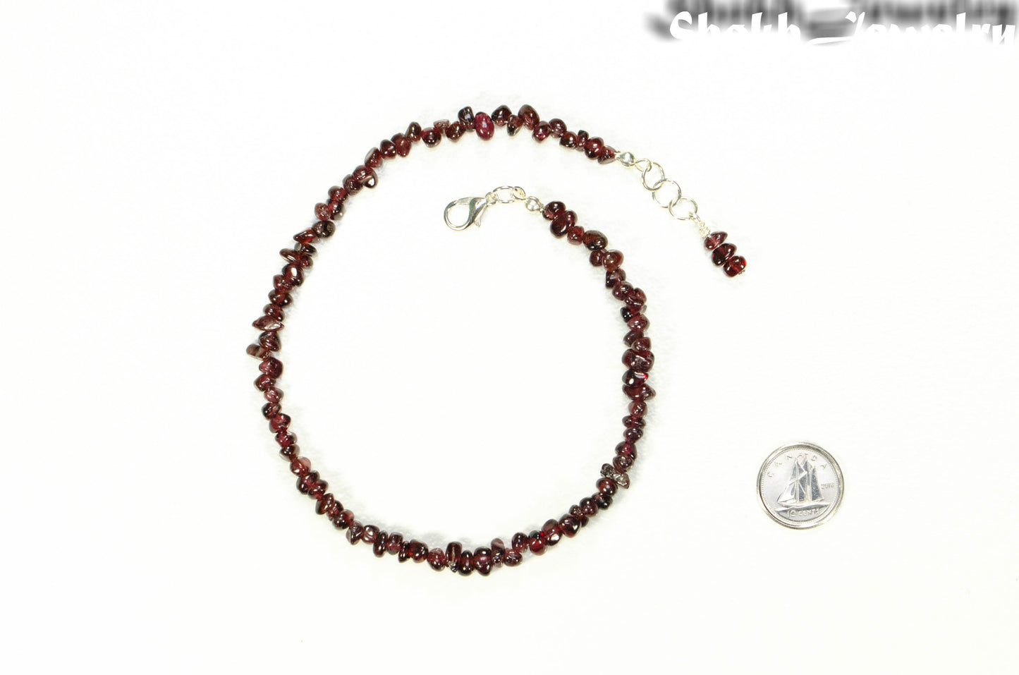 Natural Garnet Crystal Chip Choker Necklace beside a dime